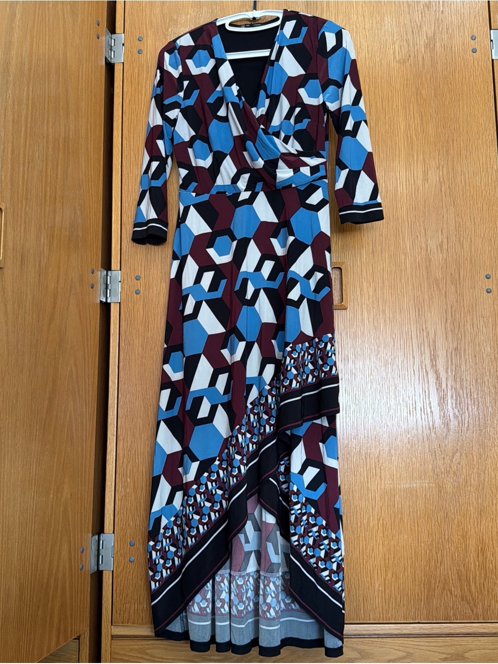 INC International Concepts Geometric High-Low Maxi Dress in Blue and Burgundy